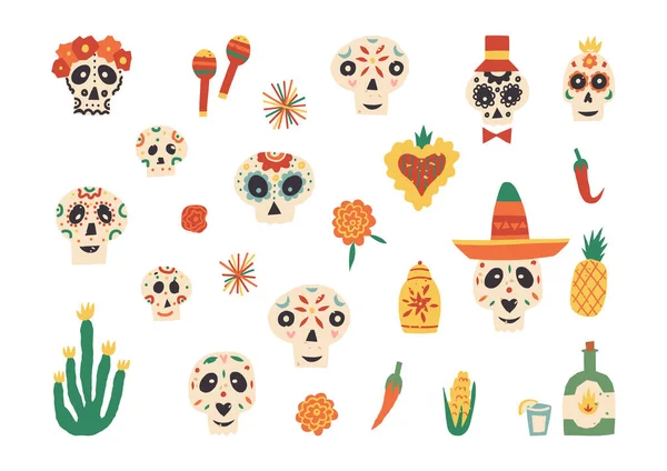 Dia Los Muertos День Мертвых Сахарные Черепа Сомбреро Цветы Такие — стоковый вектор