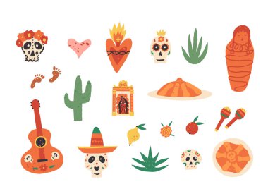 Dia De Los Muertos veya Day of the Dead vektör clipart koleksiyonu. Kutsal kalp, pan de Muerto ekmeği, şeker kafatası, gitar, kadife çiçeği, marakas vs..