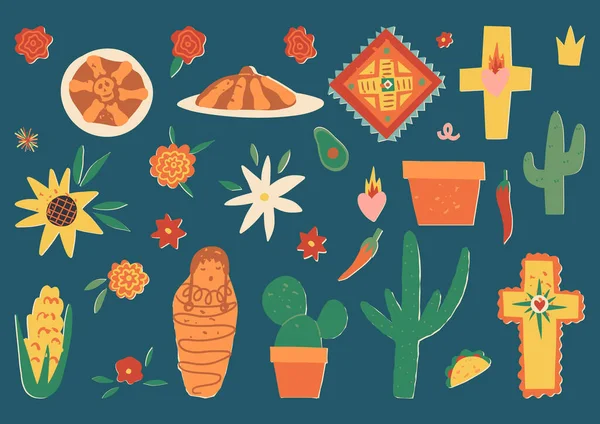 Dia Los Muertos Day Deadベクトルクリッパーレトロコレクション ムエルトのパン 神聖な心と交差 メキシコのサボテンとマリーゴールドの花 唐辛子 トウモロコシ — ストックベクタ