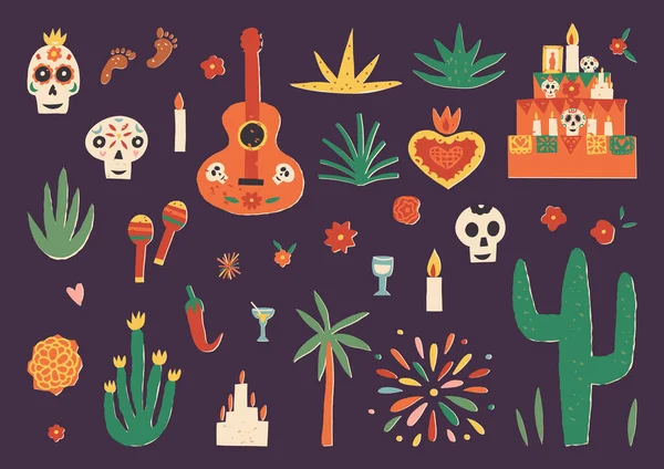 Şirin Dia De Los Muertos özet koleksiyonu, Ölü vektör kümesi günü. Kutsal kalp, gitar ve marakas, şeker kafatası, kaktüs, sunak, mum, Meksika bitkisi, içecek ve yiyecek.