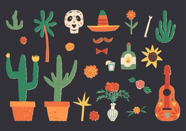 Şirin Dia De Los Muertos taslak koleksiyonu, Ölü Karalama Günü vektör kümesi. Gitar, gitar, kaktüs tencerede, kadife çiçeği, şeker kafatası, sunak ya da türbe, sombrero, içecek ve yiyecek..