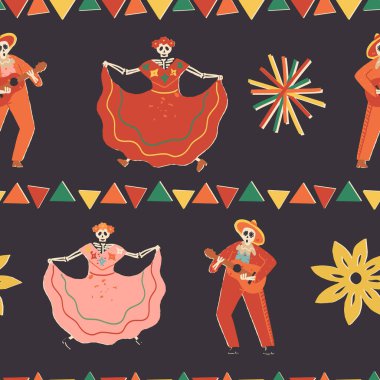 Şirin Dia De Los Muertos vektör kusursuz desen, Ölüler Günü tekstil için tekrarlanıyor, ambalaj kağıdı, kumaş. Dans eden Catrina Calavera, iskelet ona aşk şarkısı söyleyen ve İspanyol gitarı çalan..