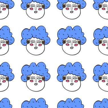 Kadın komik yüzlü, kusursuz bir desen. Parlak aksanlı karalama biçiminde vektör illüstrasyonu.