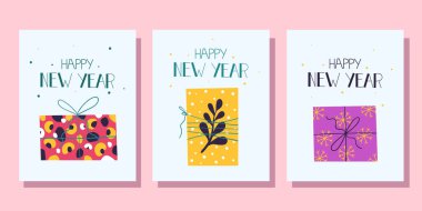 Tebrik kartı seti. Yeni yıl hediyeleri. Vektör illüstrasyonu.