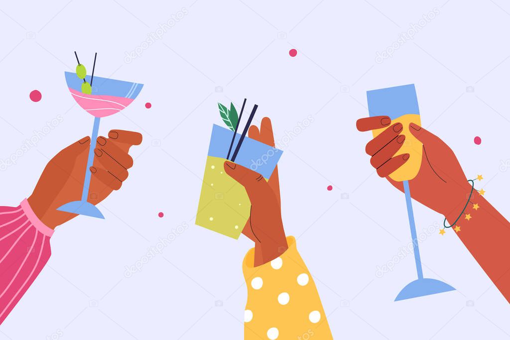 A group of people. Hands hold alcoholic cocktails. Vector illustration.
