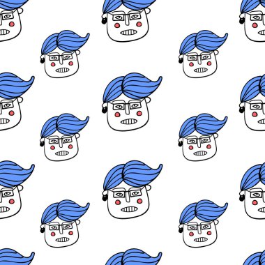 Komik erkek kafası olan kusursuz bir desen. Karalama biçiminde vektör illüstrasyonu.