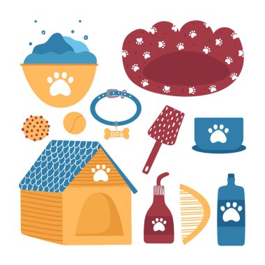 Tımarlama. Evcil hayvanlara bakmak için farklı eşyalar. Çizgi film tarzında vektör illüstrasyonu.