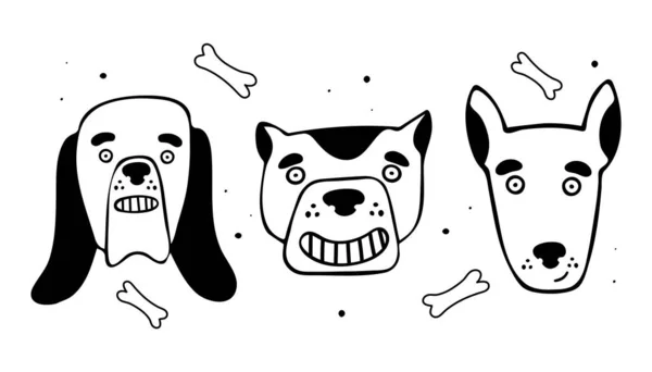 Conjunto Cabezas Perro Dibujos Animados Ilustración Vectorial Estilo Doodle — Vector de stock