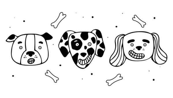 Set Von Niedlichen Gesichtern Verschiedener Hunde Vektor Illustration Doodle Stil — Stockvektor