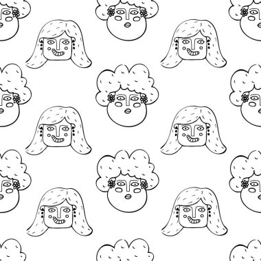 Farklı insan yüzleri olan kusursuz bir desen. Karalama biçiminde vektör illüstrasyonu.
