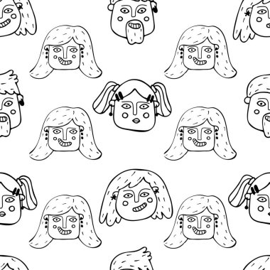 Karalama tarzında insanların yüzlerinin olduğu kusursuz bir şekil. Vektör illüstrasyonu.