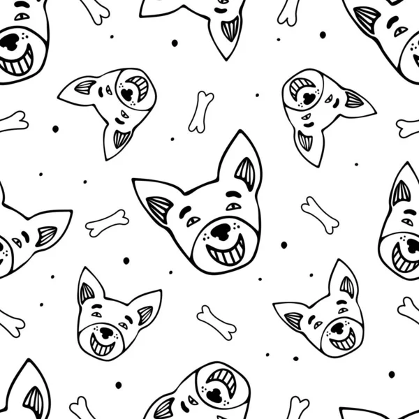 Seamless Pattern Dog Heads Doodle Style Vector Illustration — Stock Vector