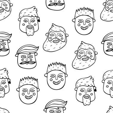 Karalama tarzında farklı insan kafaları olan kusursuz desenler. Vektör illüstrasyonu.