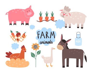 Çiftlik hayvanları koleksiyonu. Domuz, koyun, eşek, tavuk, kaz. Çizgi film tarzında vektör illüstrasyonu.