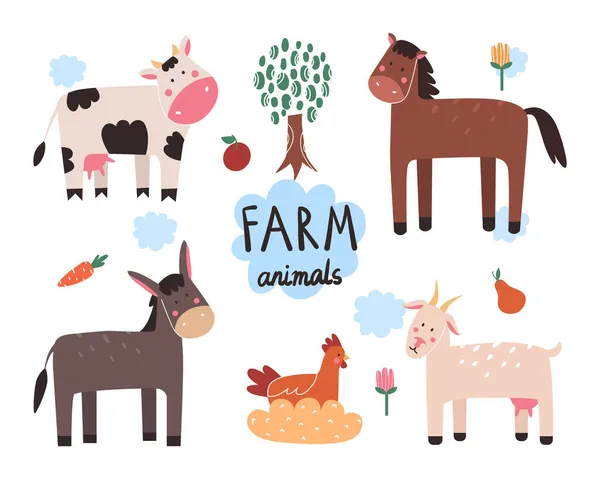 Colección Diferentes Animales Granja Vaca Caballo Cabra Pollo Burro Ilustración — Vector de stock