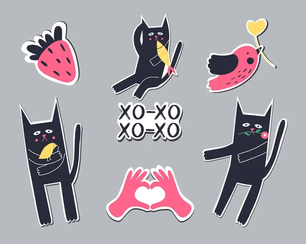 Collection Stickers Valentine Day Cute Stickers Cats Vector Illustration Cartoon — Stock Vector