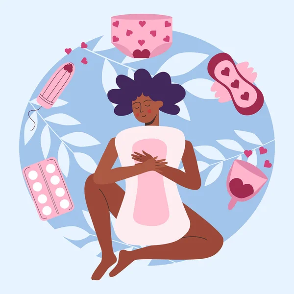 Menstruatiecyclus Pms Hygena Tijdens Menstruatie Vrouwenwaren Een Vrouw Met Een — Stockvector