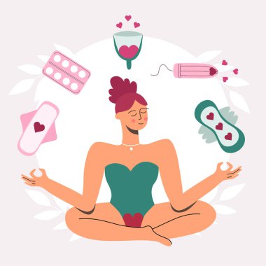 Kritik günler. Adet öncesi. Çeşitli kişisel hijyen eşyaları. Pedler, tamponlar, regl kupası. Kadın rahatlıyor. Çizgi film tarzında vektör illüstrasyonu.