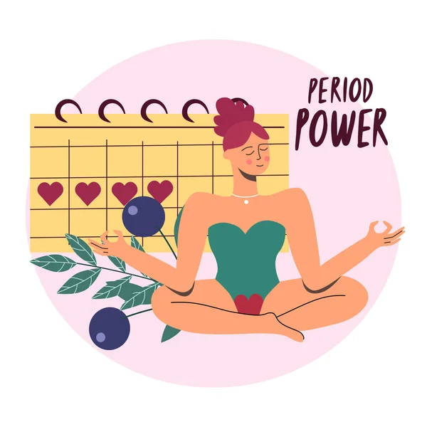 Calendário Menstruação Período Feminino Pms Mulher Feliz Está Meditar Ilustração —  Vetores de Stock