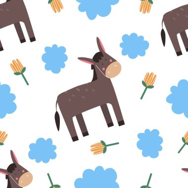 Eşek desenli kusursuz desen. Çiftlik hayvanları. Çizgi film tarzında vektör illüstrasyonu..