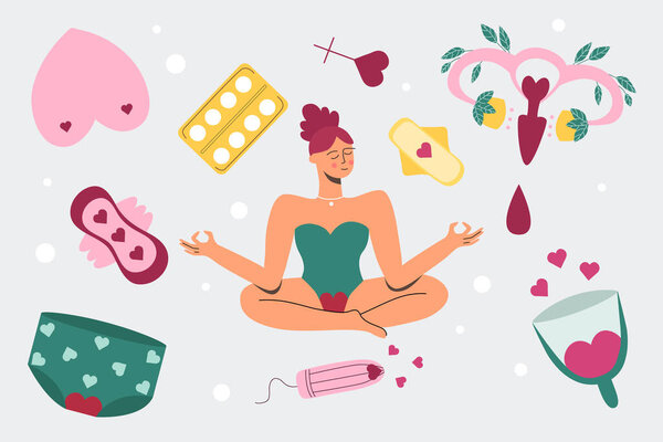 Critical days. PMS. A woman with her period is meditating. Pad, panties, menstrual cup. Vector illustration.