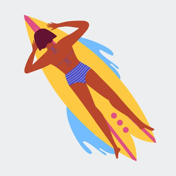 Une Femme Nage Sur Surf Illustration Vectorielle Dans Style Dessin — Image vectorielle