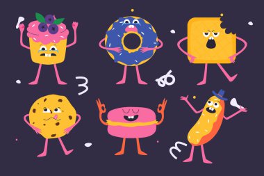 Çeşitli tatlıların toplanması. Donut, Viyana waffle 'ı, ekler, kurabiyeler, kekler. Farklı duyguları olan tatlılar. Vektör illüstrasyonu.