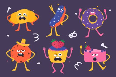 Sevimli tatlıların koleksiyonu. Kruvasan, pasta, çörek, cheesecake, kek. Farklı duyguları olan tatlılar. Çizgi film tarzında vektör illüstrasyonu.