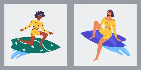 Active Sport Women Surfing Vector Illustration — стоковый вектор