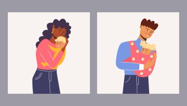 Mutlu bir aile. Anne oğlunu kollarına aldı. Babası kızını bir askıda tutuyormuş. Vektör illüstrasyonu.