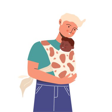 Çocuğu olan genç bir baba. Baba, çocuğa göz kulak olur. Vektör illüstrasyonu.