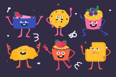 Farklı duygu ve yüzlere sahip tatlıların toplanması. Çizgi film tarzında vektör illüstrasyonu.