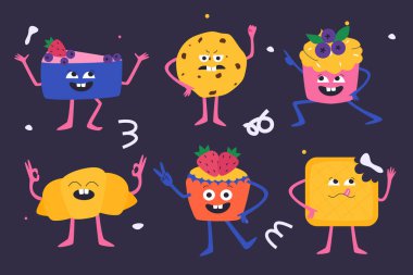 Farklı duygu ve yüzlere sahip tatlıların toplanması. Çizgi film tarzında vektör illüstrasyonu.