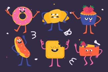 Farklı duyguları olan tatlı hamur işleri koleksiyonu. Karalama biçiminde vektör illüstrasyonu.