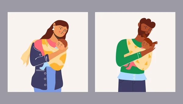 Happy Family Mom Child Dad Daughter Baby Sling Vector Illustration — Stok Vektör