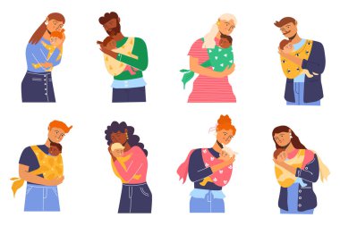 Collection of different people. Young parents. Mom with a baby. Dad with baby. Vector illustration