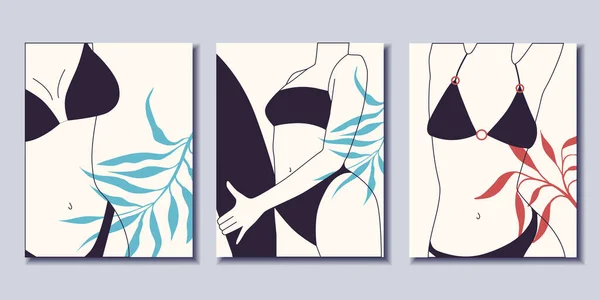 Set Fashion Posters Women Swimwear Minimalism Vector Illustration — Archivo Imágenes Vectoriales