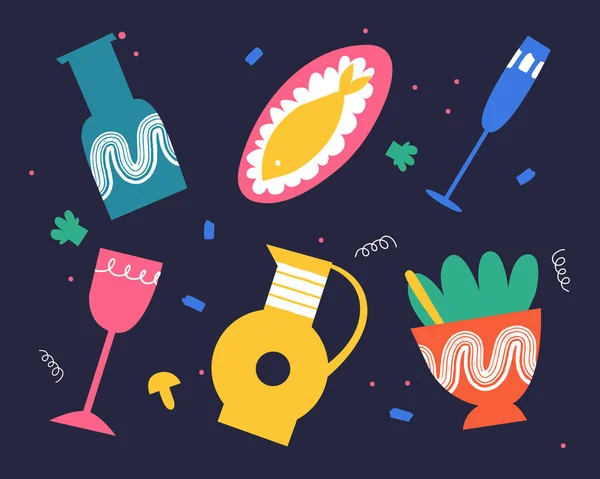 Set Different Kitchen Utensils Bright Abstract Tableware Vector Illustration 矢量图形