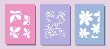 Floral poster set. Abstract flowers. Abstract butterflies. Vector illustration.