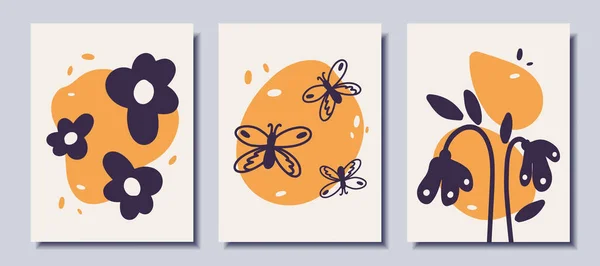 Posters Flowers Butterflies Doodle Style Vector Illustration — Vetor de Stock