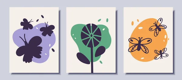 Set Abstract Posters Butterflies Flowers Vector Illustration — Vetor de Stock