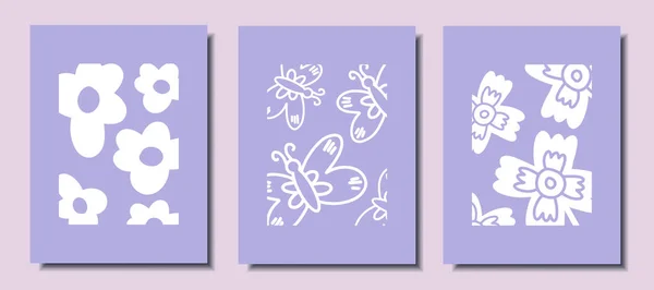 Набор Милых Плакатов Цветами Бабочками Векторная Иллюстрация Стоковый вектор