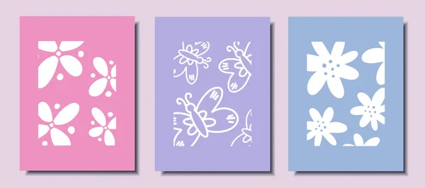 Floral Poster Set Abstract Flowers Abstract Butterflies Vector Illustration 图库矢量图片