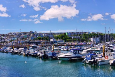 04 Haziran 2021, Brixham kasabasındaki renkli binalar ve balıkçı tekneleri Devon 'ın güney kıyılarında, yaz tatili beldesi..