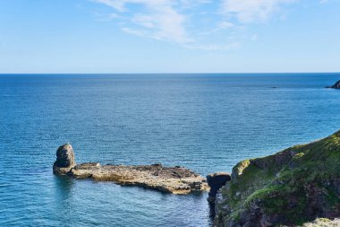 04 Haziran 2021. Brixham, İngiltere. İngiliz Riviera Devon, İngiltere 'deki Berry Head' deki uçurumdan görüntü. Mavi okyanus. Denizde kayalar. Uçurumdaki çiçekler. Sahil boyunca yürü..