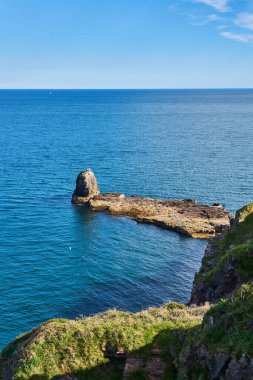 04 Haziran 2021. Brixham, İngiltere. İngiliz Riviera Devon, İngiltere 'deki Berry Head' deki uçurumdan görüntü. Mavi okyanus. Denizde kayalar. Uçurumdaki çiçekler. Sahil boyunca yürü..