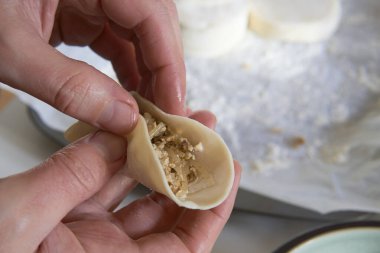 Elle hamur köftesi yapmak. Erkeklerin ellerinin yakın çekimi, vegan gyoza.
