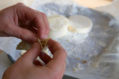 Elle hamur köftesi yapmak. Erkeklerin ellerinin yakın çekimi, vegan gyoza.