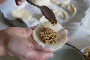 Elle hamur köftesi yapmak. Erkeklerin ellerinin yakın çekimi, vegan gyoza.