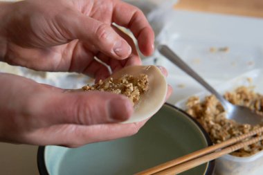 Elle hamur köftesi yapmak. Erkeklerin ellerinin yakın çekimi, vegan gyoza.